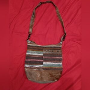 Myra Bag Bohemian Tapestry Blanket Stripe Canvas+Cowhide Fur  Shoulder Handbag